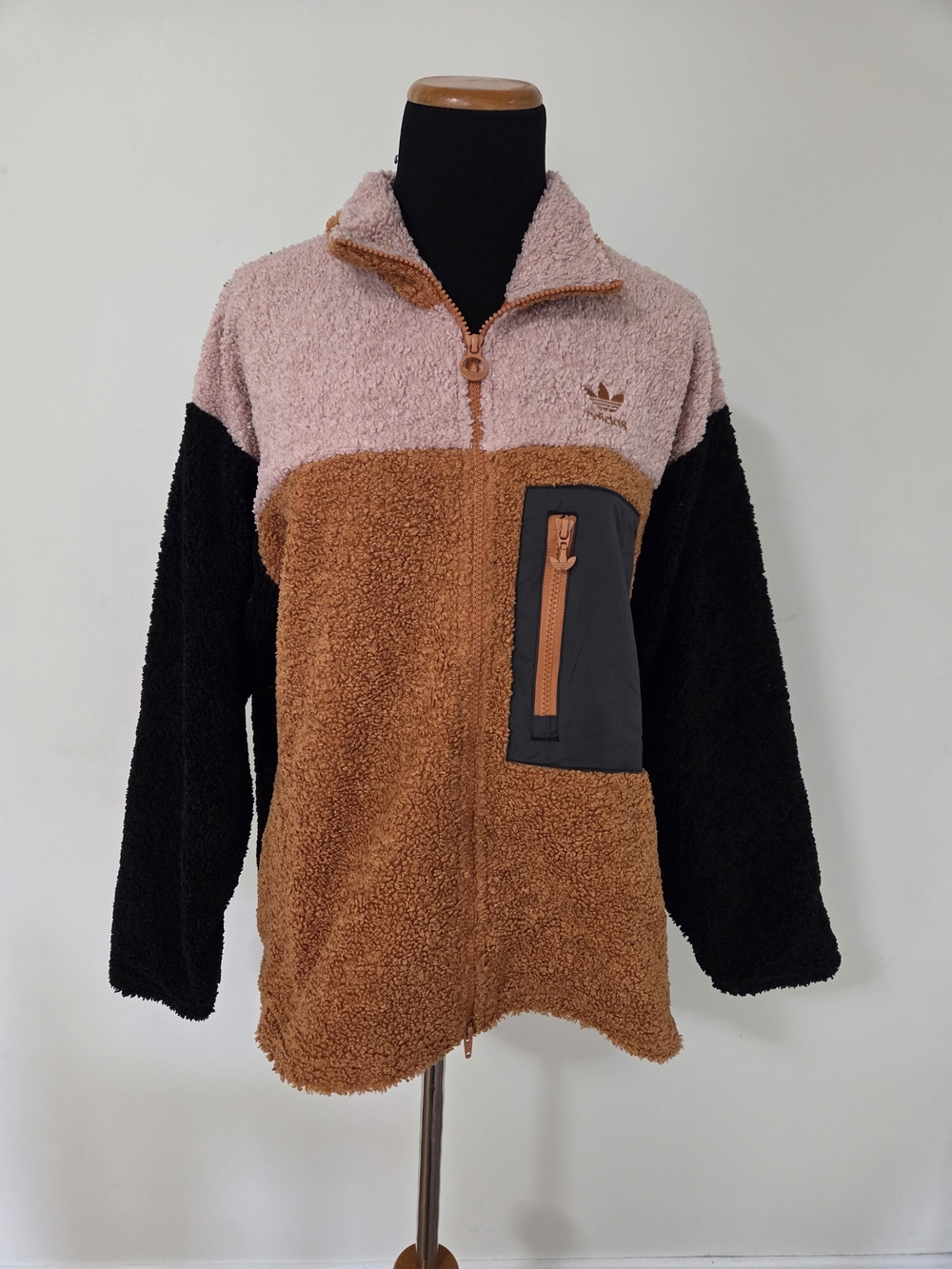 adidas Colorblock Sherpa Oversized Jacket in Pink, Brown & Black Size L